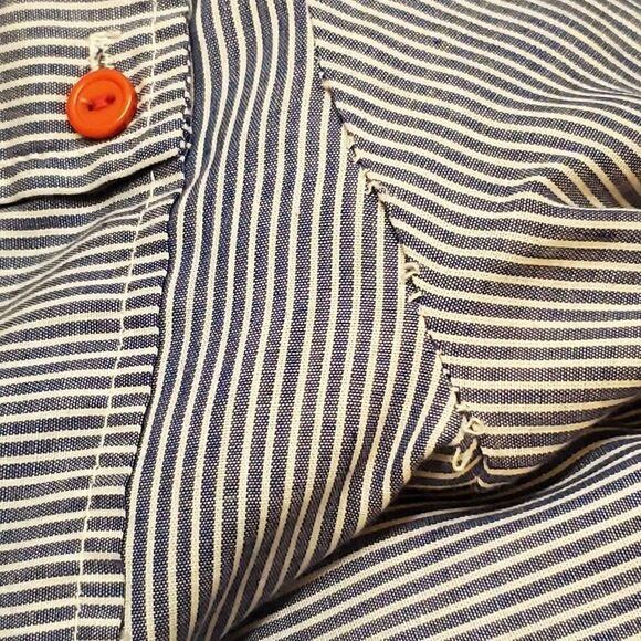 Vintage 80s Blue Stripe Collared Shirt Dress 14 Light Weight Beach Nautical Red - Picture 7 of 7